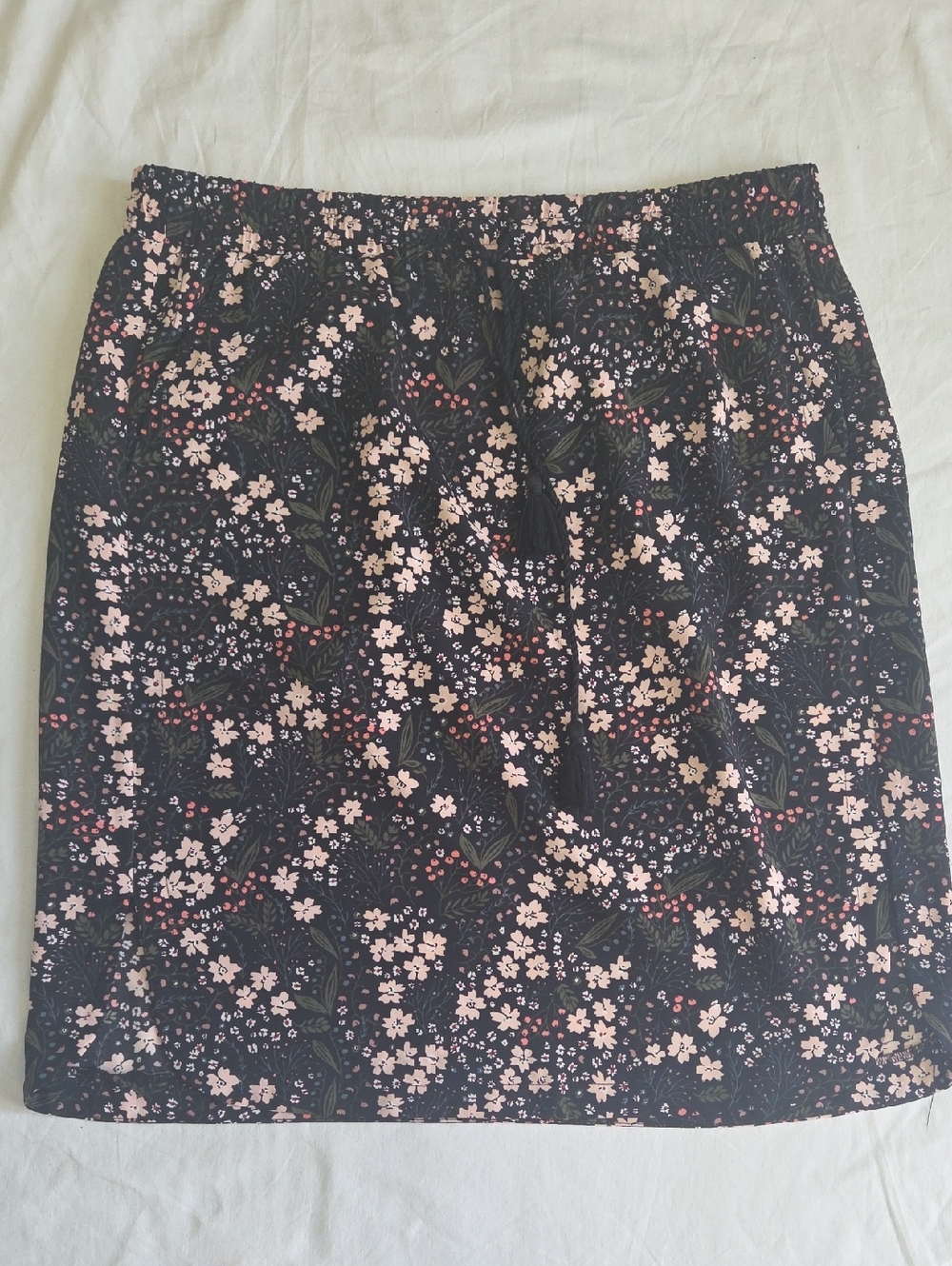 Loft Black & Pink Floral Midi Skirt W/ Pockets Elastic Waistband Summer Large